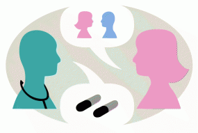 Expedited%20Partner Therapy. Illustration of a woman telling a clinician about her partner and the clinician prescribing treatment for both of them.