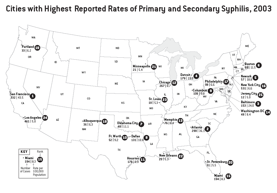 Map primary seconday syphilis cities 2003