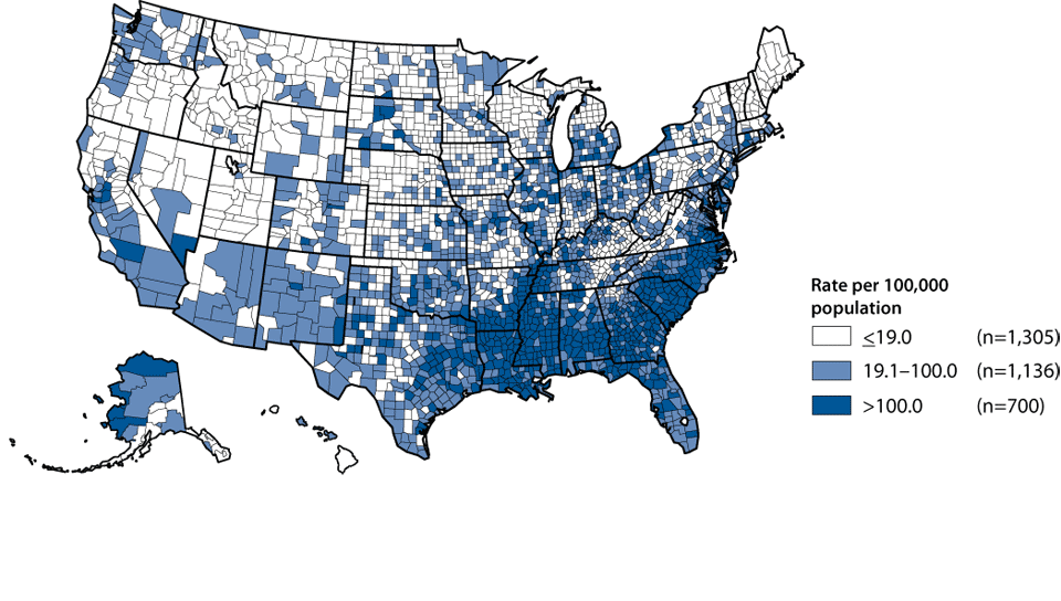 Figure 17. Gonorrhea—Rates by county: United States, 2008