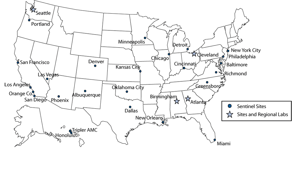 Figure 24. Gonococcal Isolate Surveillance Project (GISP)—Location of participating sentinel sites and regional laboratories in the United States, 2008