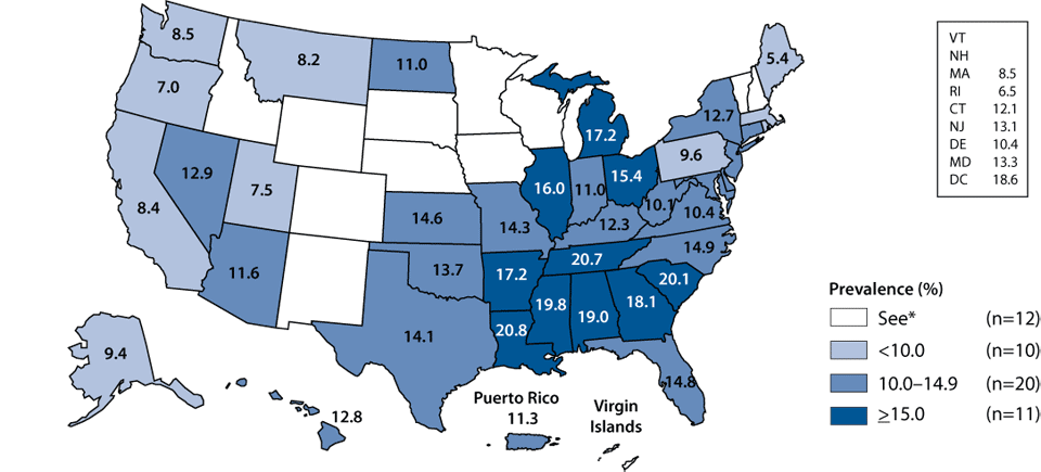 Figure K. Chlamydia—Prevalence among 16- to 24-year-old women entering the National Job Training Program by state of residence: United States and outlying areas, 2008