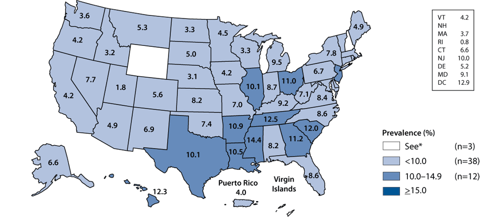 Figure L. Chlamydia—Prevalence among 16- to 24-year-old men entering the National Job Training Program by state of residence: United States and outlying areas, 2008