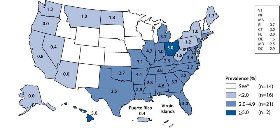 Figure M. Gonorrhea—Prevalence among 16- to 24-year-old women entering the National Job Training Program by state of residence: United States and outlying areas, 2008