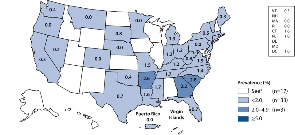 Figure N. Gonorrhea—Prevalence among 16- to 24-year-old men entering the National Job Training Program by state of residence: United States and outlying areas, 2008