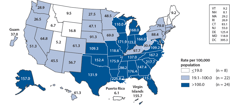 Figure C. Gonorrhea—Women—Rates by State, United States and Outlying Areas, 2009
