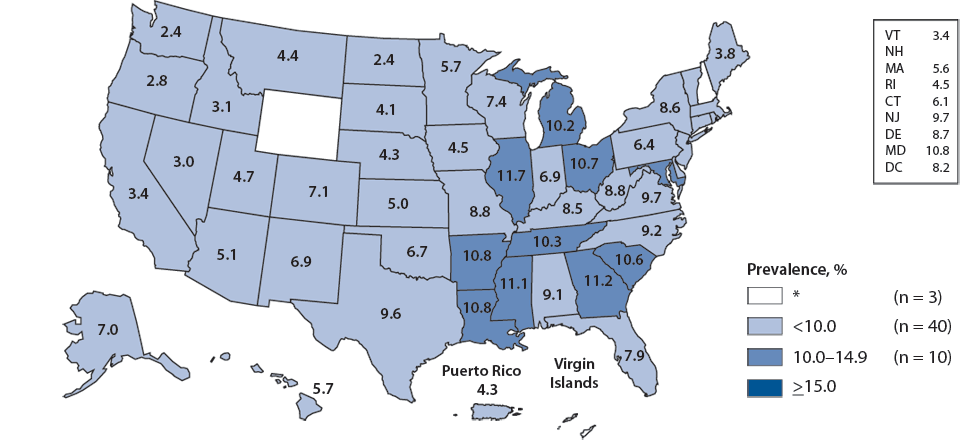 Figure L. Chlamydia—Prevalence Among Men Aged 16–24 Years Entering the National Job Training Program, by State of Residence, United States and Outlying Areas, 2009