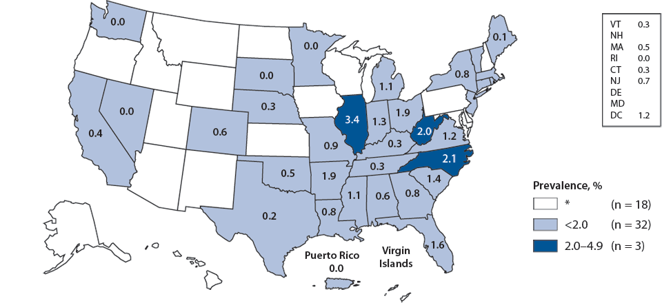 Figure N. Gonorrhea—Prevalence Among Men Aged 16–24 Years Entering the National Job Training Program, by State of Residence, United States and Outlying Areas, 2009
