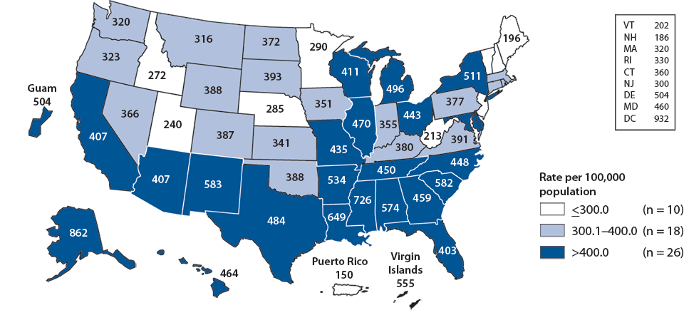 Figure 3. Chlamydia—Rates by State, United States and Outlying Areas, 2010