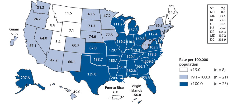 Figure C. Gonorrhea—Women—Rates by State, United States and Outlying Areas, 2010