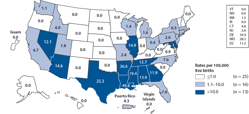 Figure F. Congenital Syphilis—Infants—Rates by Year of Birth and State, United States and Outlying Areas, 2010