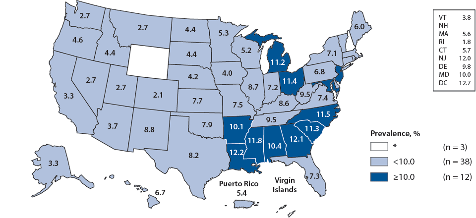 Figure L. Chlamydia—Prevalence Among Men Aged 16–24 Years Entering the National Job Training Program, by State of Residence, United States and Outlying Areas, 2010