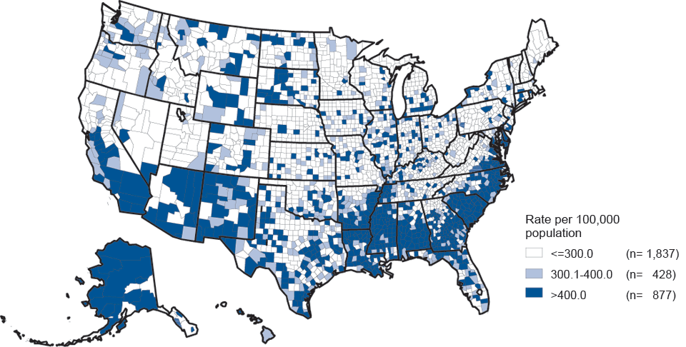 Figure 4. Chlamydia—Rates by County, United States, 2011