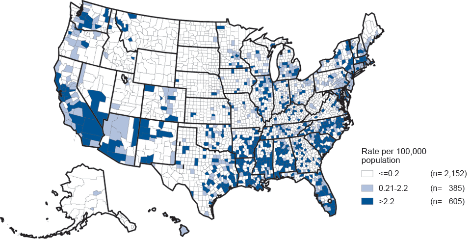 Figure 41. Primary and Secondary Syphilis—Rates by County, United States, 2011