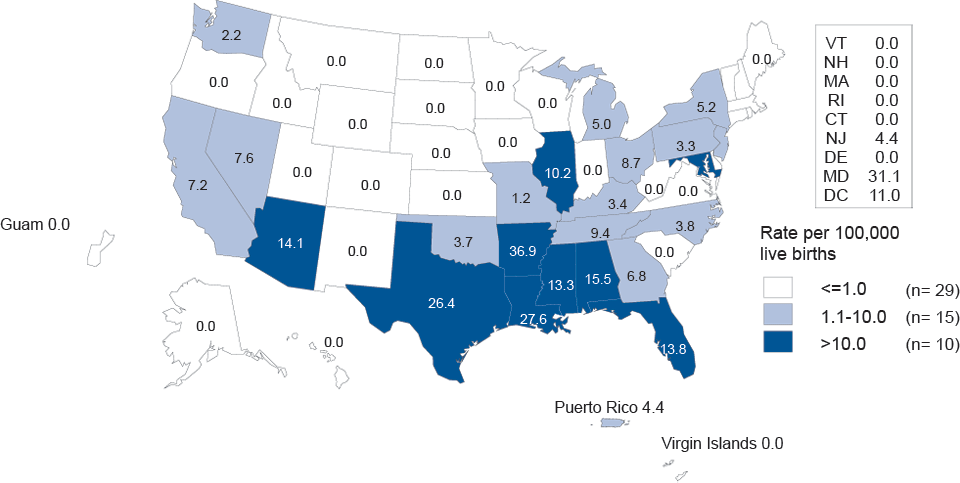 Figure F. Congenital Syphilis—Infants—Rates by Year of Birth and State, United States and Outlying Areas, 2011
