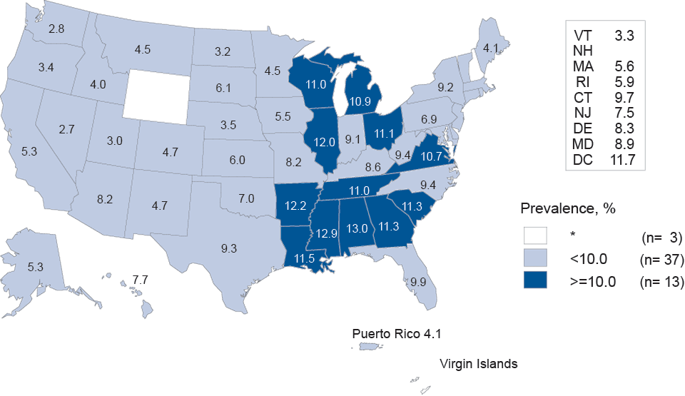 Figure L. Chlamydia—Prevalence Among Men Aged 16–24 Years Entering the National Job Training Program, by State of Residence, United States and Outlying Areas, 2011