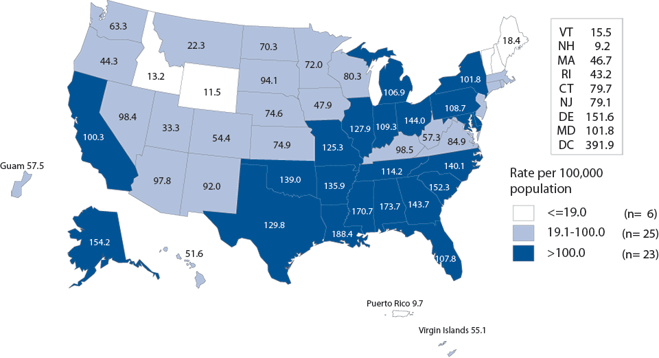 Figure 14. Gonorrhea — Rates of Reported Cases by State, United States and Outlying Areas, 2013