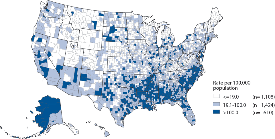 Figure 15. Gonorrhea — Rates of Reported Cases by County, United States, 2013
