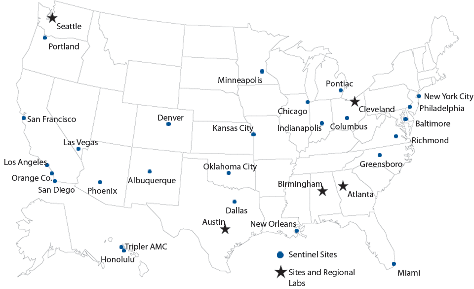 Figure 24. Location of Participating Sentinel Sites and Regional Laboratories, Gonoccoccal Isolate Surveillance Project (GISP), United States, 2013