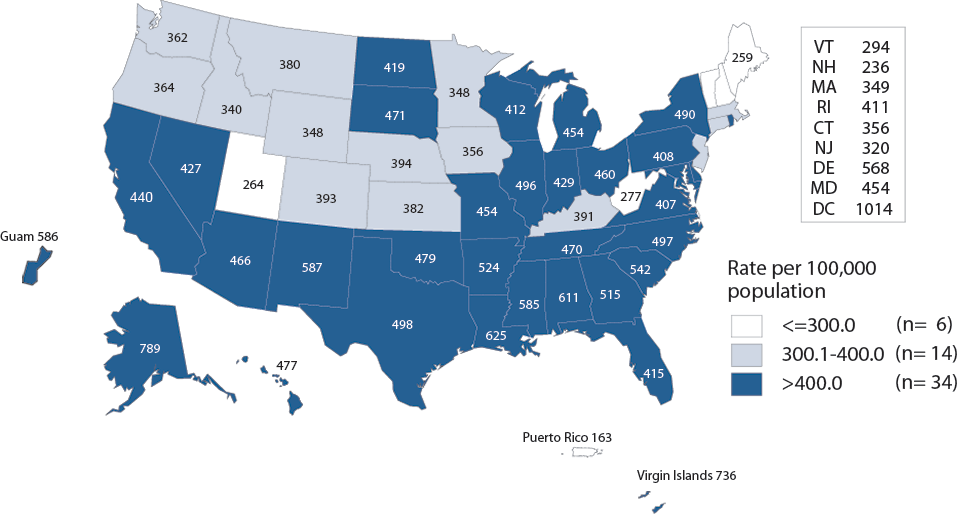 Figure 3. Chlamydia — Rates of Reported Cases by State, United States and Outlying Areas, 2013