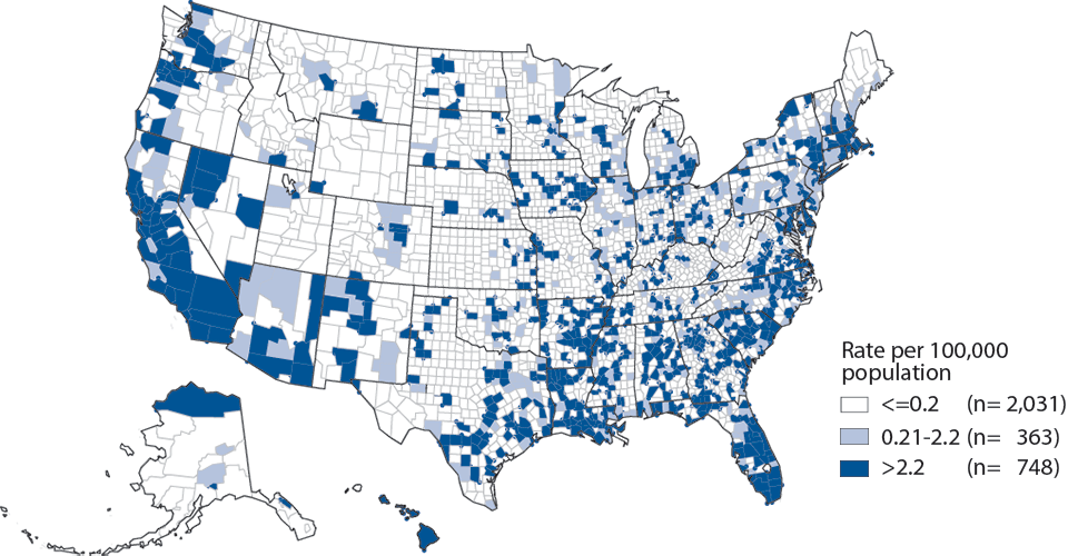 Figure 35. Primary and Secondary Syphilis — Rates of Reported Cases by County, United States, 2013