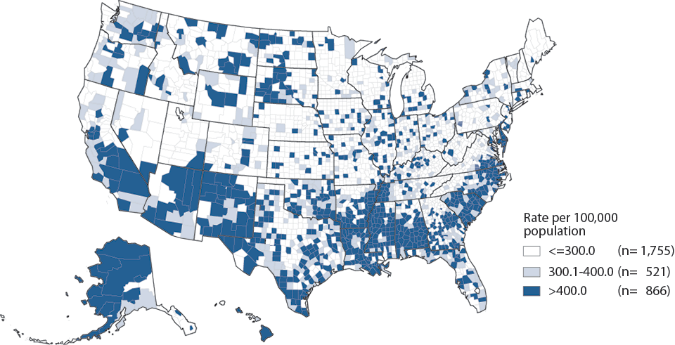 Figure 4. Chlamydia — Rates of Reported Cases by County, United States, 2013
