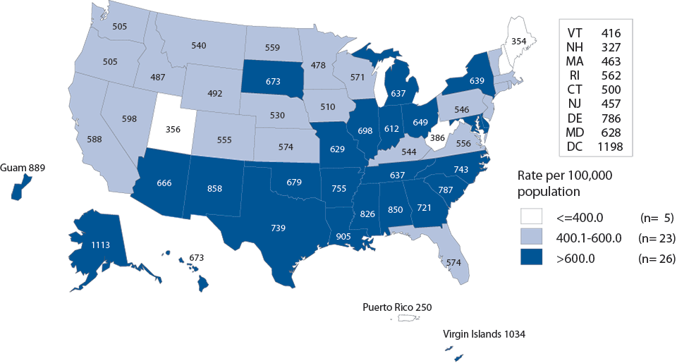 Figure A. Chlamydia — Rates of Reported Cases Among Women by State, United States and Outlying Areas, 2013
