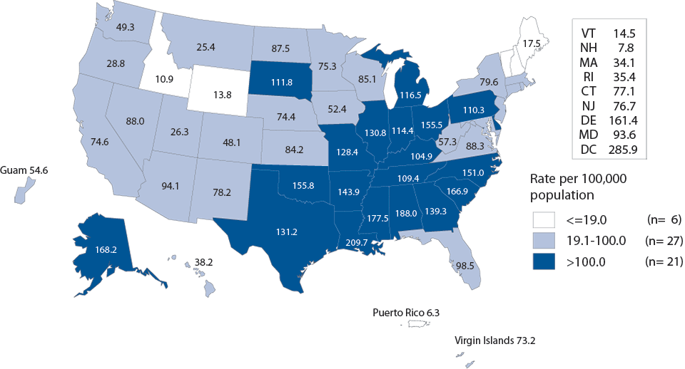 Figure B. Gonorrhea — Rates of Reported Cases Among Women by State, United States and Outlying Areas, 2013