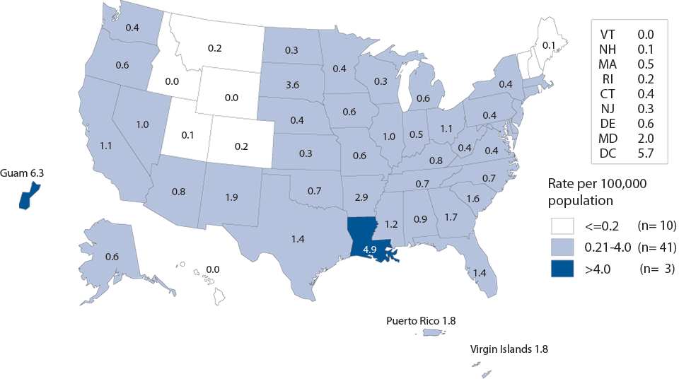 Figure C. Primary and Secondary Syphilis — Rates of Reported Cases Among Women by State, United States and Outlying Areas, 2013
