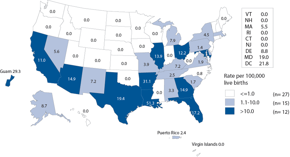 Figure D. Congenital Syphilis — Rates of Reported Cases Among Infants by Year of Birth and State, United States and Outlying Areas, 2013