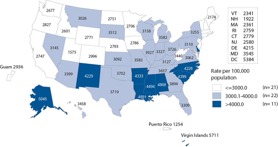 Figure H. Chlamydia — Rates of Reported Cases Among Women 15–24 Years of Age by State, United States and Outlying Areas, 2013