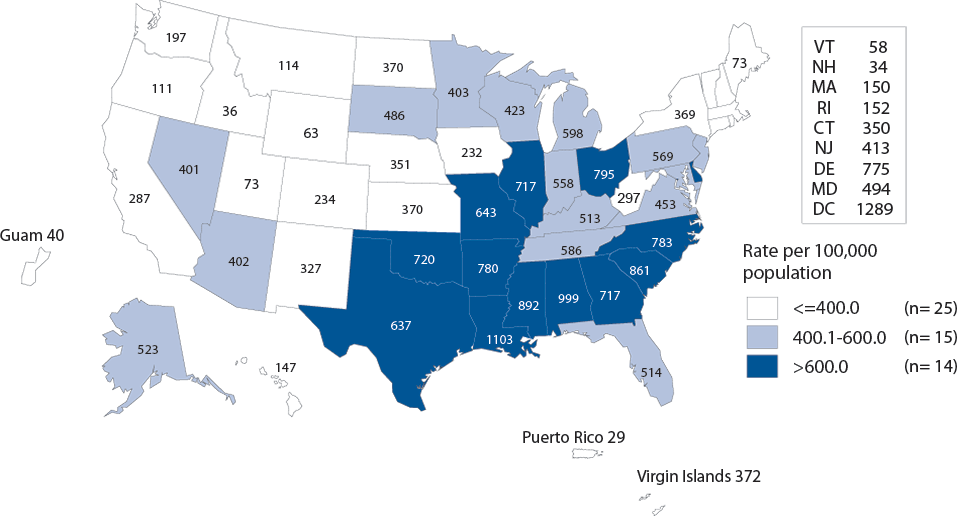 Figure I. Gonorrhea — Rates of Reported Cases Among Women 15–24 Years of Age by State, United States and Outlying Areas, 2013