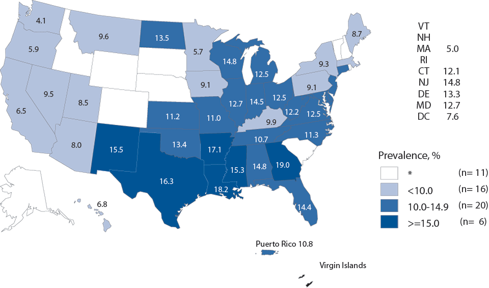 Figure J. Chlamydia — Prevalence Among Women Aged 16–24 Years Entering the National Job Training Program by State of Residence, United States and Outlying Areas, 2013