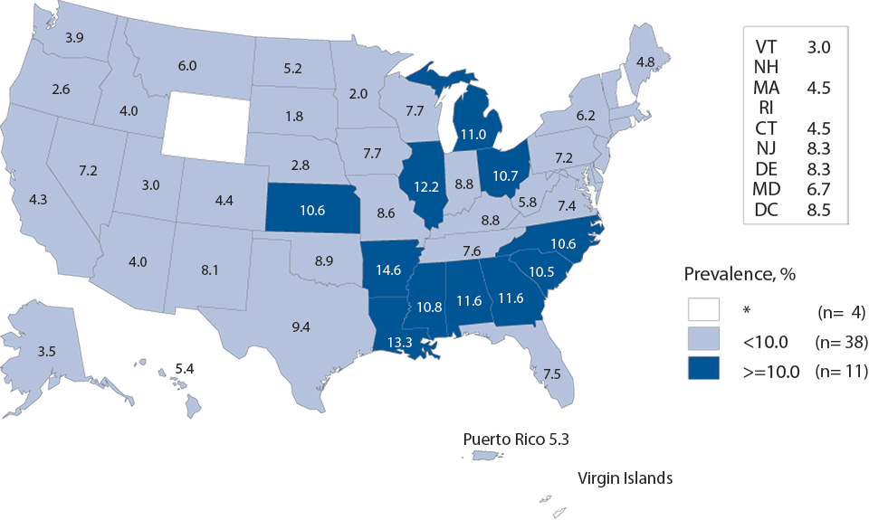 Figure K. Chlamydia — Prevalence Among Men Aged 16–24 Years Entering the National Job Training Program by State of Residence, United States and Outlying Areas, 2013