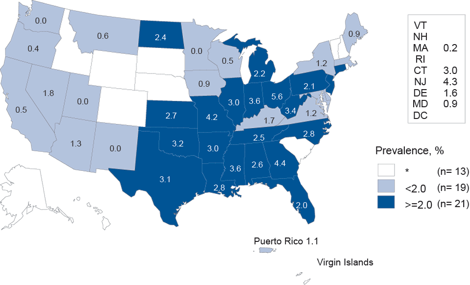 Figure L. Gonorrhea — Prevalence Among Women Aged 16–24 Years Entering the National Job Training Program by State of Residence, United States and Outlying Areas, 2013