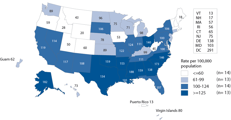 Figure 15. Gonorrhea — Rates of Reported Cases by State, United States and Outlying Areas, 2014
