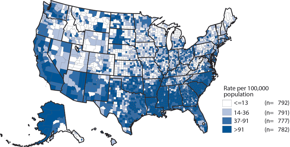 Figure 16. Gonorrhea — Rates of Reported Cases by County, United States, 2014