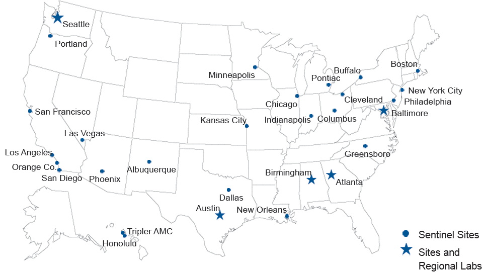 Figure 25. Location of Participating Sentinel Sites and Regional Laboratories, Gonococcal Isolate Surveillance Project (GISP), United States, 2014 