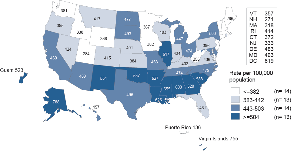 Figure 3. Chlamydia — Rates of Reported Cases by State, United States and Outlying Areas, 2014