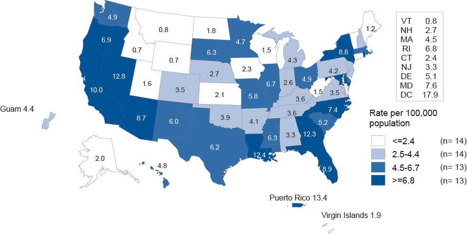 Figure 35. Primary and Secondary Syphilis — Rates of Reported Cases by State, United States and Outlying Areas, 2014