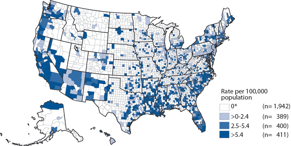 Figure 36. Primary and Secondary Syphilis — Rates of Reported Cases by County, United States, 2014