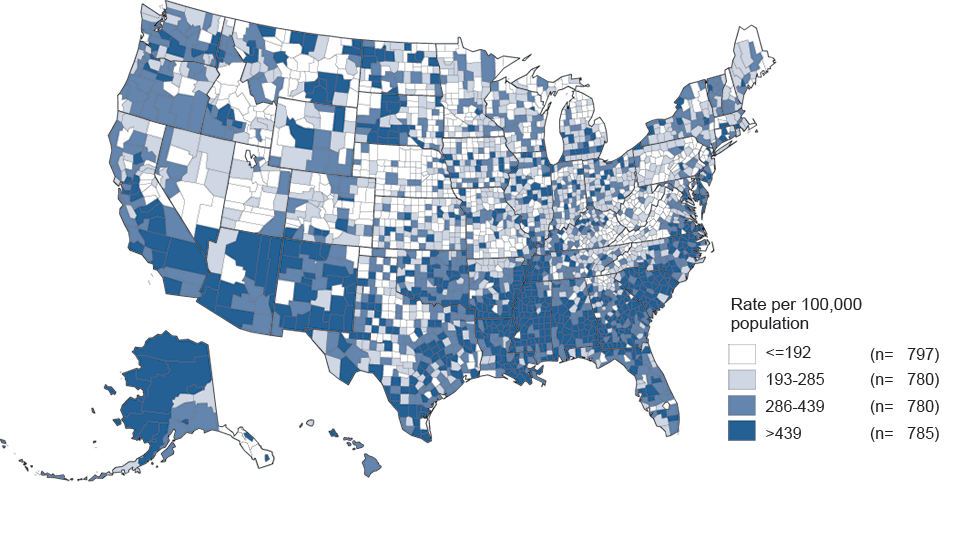 Figure 4. Chlamydia — Rates of Reported Cases by County, United States, 2014