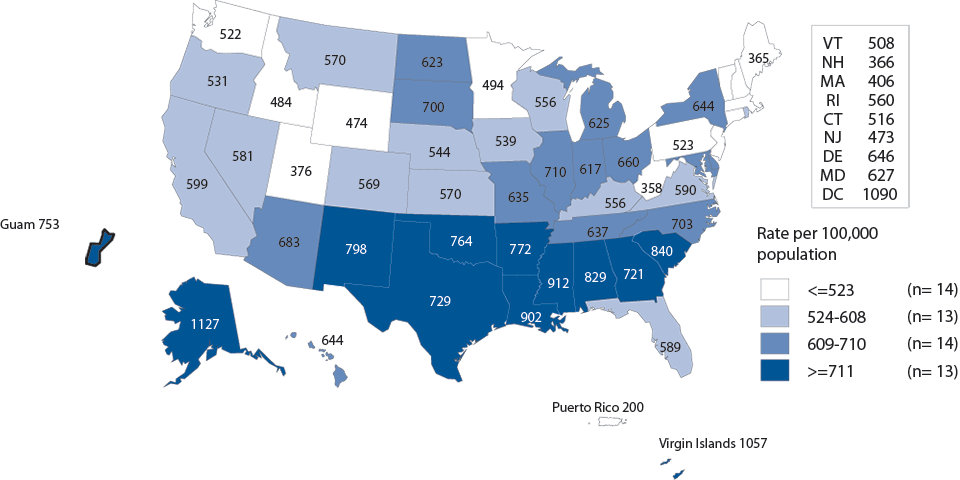 Figure A. Chlamydia — Rates of Reported Cases Among Women by State, United States and Outlying Areas, 2014