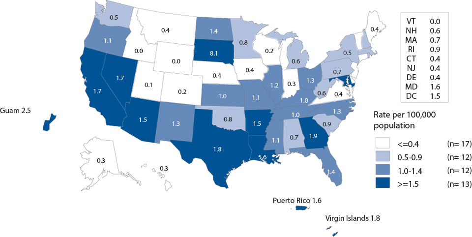 Figure C. Primary and Secondary Syphilis — Rates of Reported Cases Among Women by State, United States and Outlying Areas, 2014