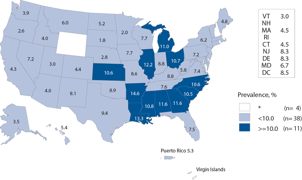 Figure K. Chlamydia — Prevalence Among Men Aged 16–24 Years Entering the National Job Training Program by State of Residence, United States and Outlying Areas, 2013