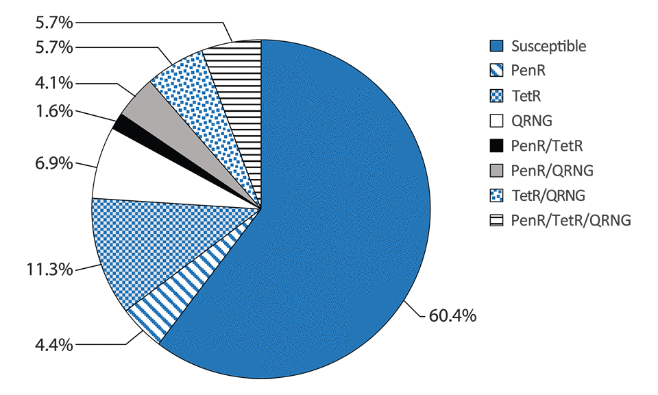 Figure 28. Pie chart showing the distribution of Neisseria gonorrhoeae Isolates with penicillin, tetracycline, and/or ciprofloxacin resistance in 2015. Data from the Gonococcal Isolate Surveillance Project (GISP).