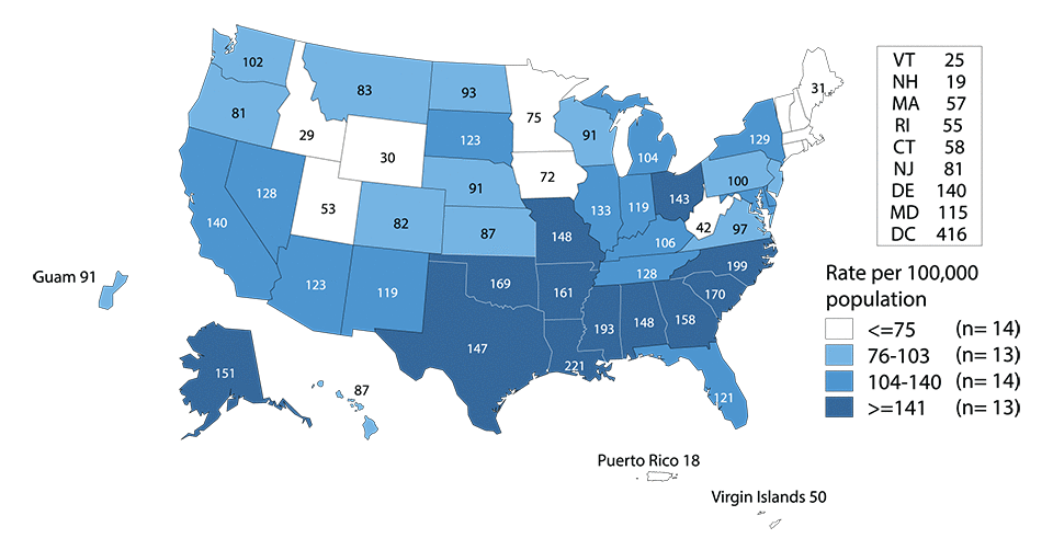 Figure 15. United States map showing rates of reported cases of gonorrhea in 2015 by state and outlying Areas (Guam, Puerto Rico, and Virgin Islands). Data provided in table 14.