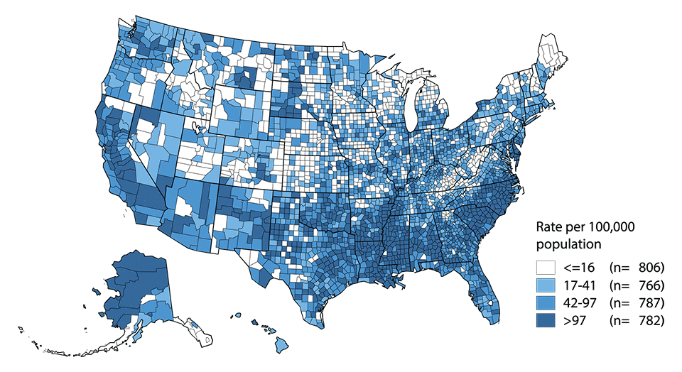 Figure 16. United States map showing rates of reported cases of gonorrhea in 2015 by county. Data for top 70 counties and independent cities ranked by number of reported cases and then by rate provided in table 20
