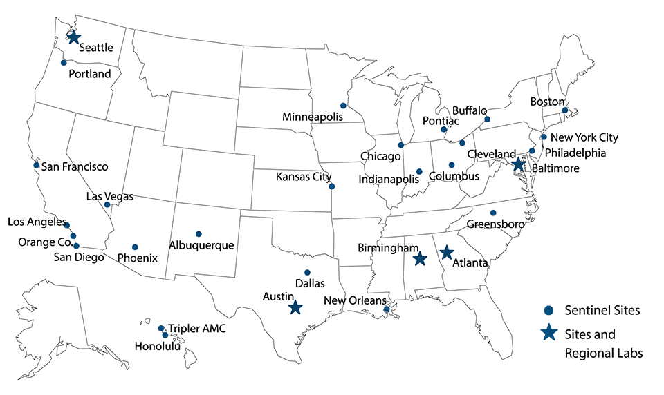 Figure 25. United States map showing location of sentinel sites and regional laboratories participating in the Gonococcal Isolate Surveillance Project (GISP) in 2015.