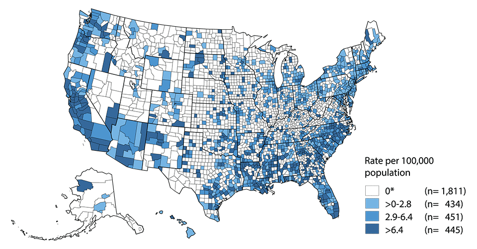 Figure 35. Primary and Secondary Syphilis — Rates of Reported Cases by County, United States, 2015
