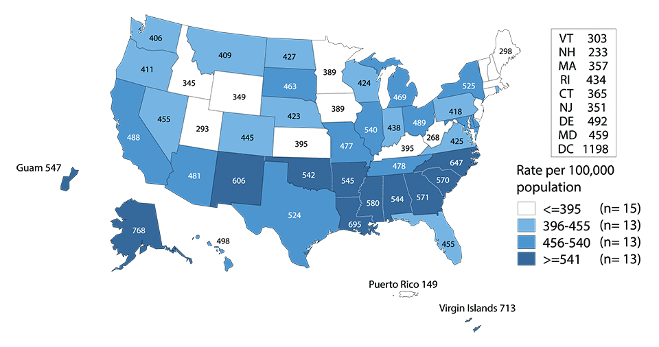 Figure 3. United States map showing rates of reported cases of chlamydia in 2015 by state and outlying areas (Guam, Puerto Rico, and Virgin Islands). Data provided in table 3. 